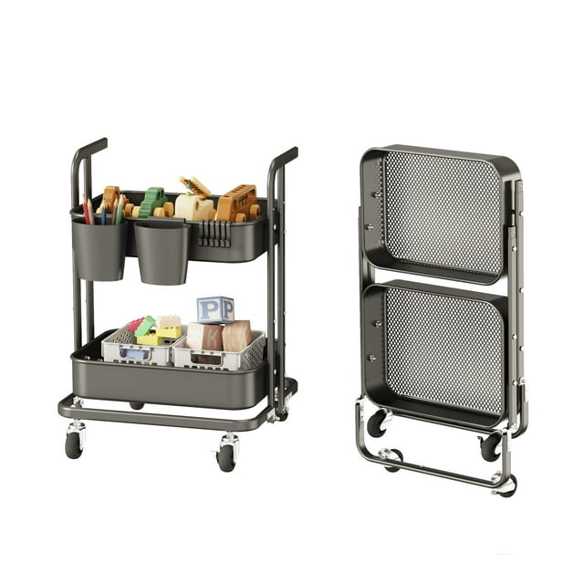 Rolling Cart DTK de metal plegable de 2 niveles con ruedas bloqueables, color negro