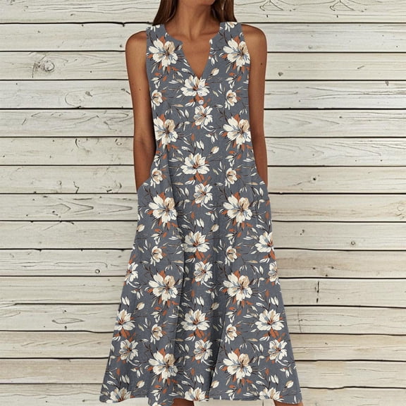 QUNYINEY Sleeveless Sundresses for Women A Line Floral Midi Summer Tank Dress Loose Fit Casual Beach with Pockets V Neck Dresses