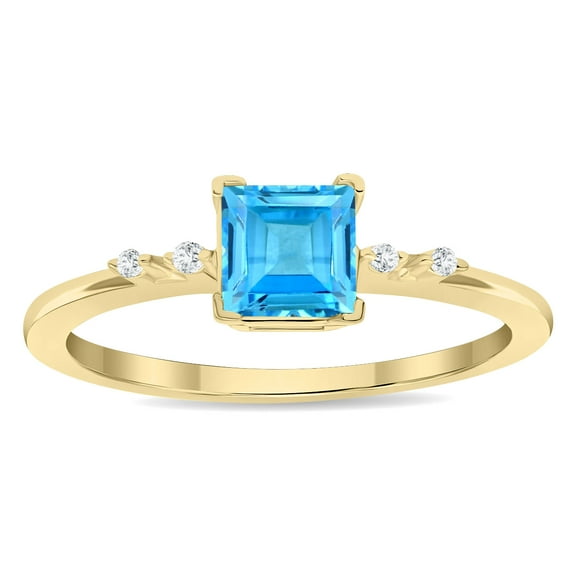 SZUL Women's Square Shaped Blue Topaz and Diamond Sparkle Ring in 10K Yellow Gold