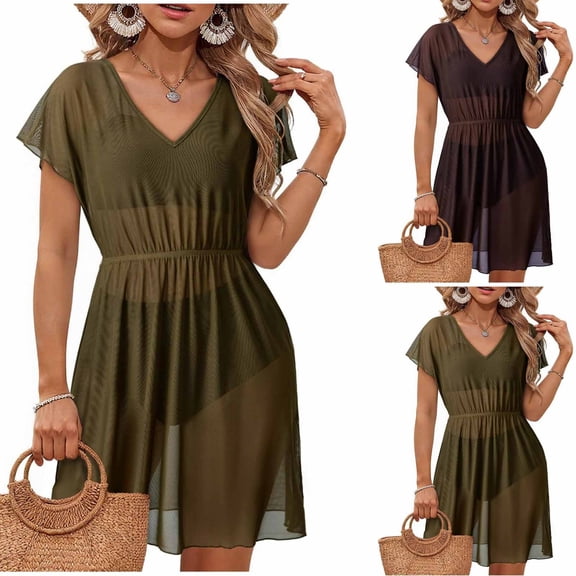 BRGZLK Women Swimsuit Dress Casual V-Neck Shoulder Short Sleeved Cover Up 2026 Summer Bathing Suit Waist Cinched Mesh Sheer Beach Vacation Outfits