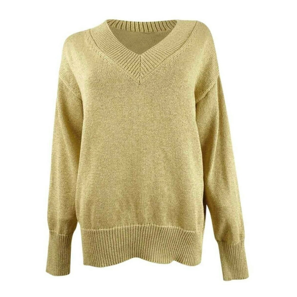DKNY - DKNY Womens Gold Glitter Long Sleeve V Neck Sweater Size XS ...