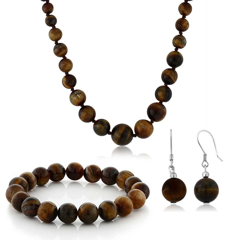 Gem Stone King 10mm Tiger Eye Brown Color Cross Cut Bead Necklace Bracelet and Earrings Set