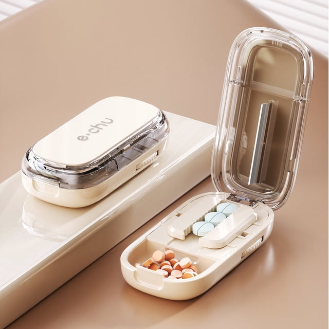 3-in-1 Pill Cutter & Grinder with Stainless Steel Blade, Portable Tablet Splitter & Medication Storage Organizer BoxWalmart,Half-Cream