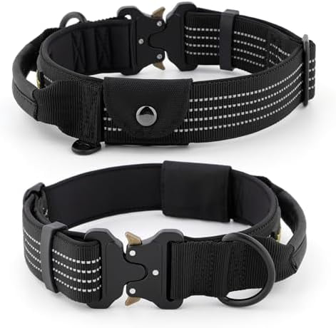 Tactical Dog Collar with Tracker Pocket for AirTag, Adjustable Reflective Nylon Collar, Metal Buckle, Leather-Wrapped Handle, Soft Padded for Medium Large Dogs (Black, S)