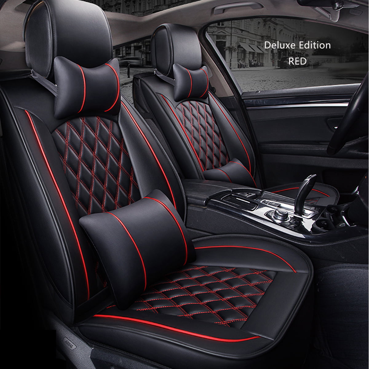 Universal 5-Seats Car Seat Covers Full Set Premium Interior Black Red PU Leather