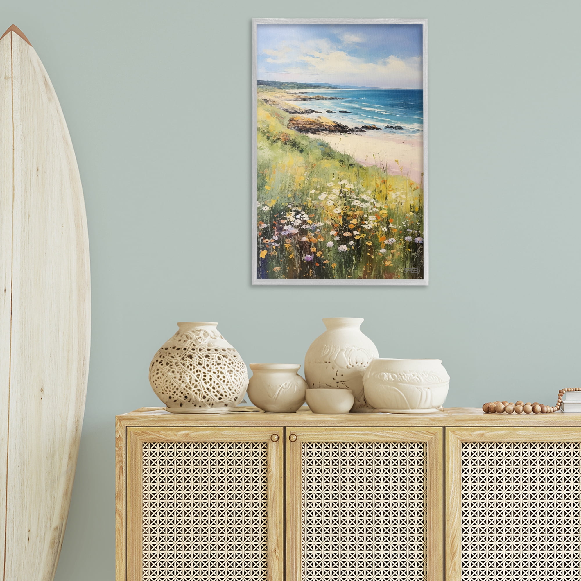 Stupell Industries Meadow Beside Beach Landscape Painting Gray Framed Art Print Wall Art, 20 x 30