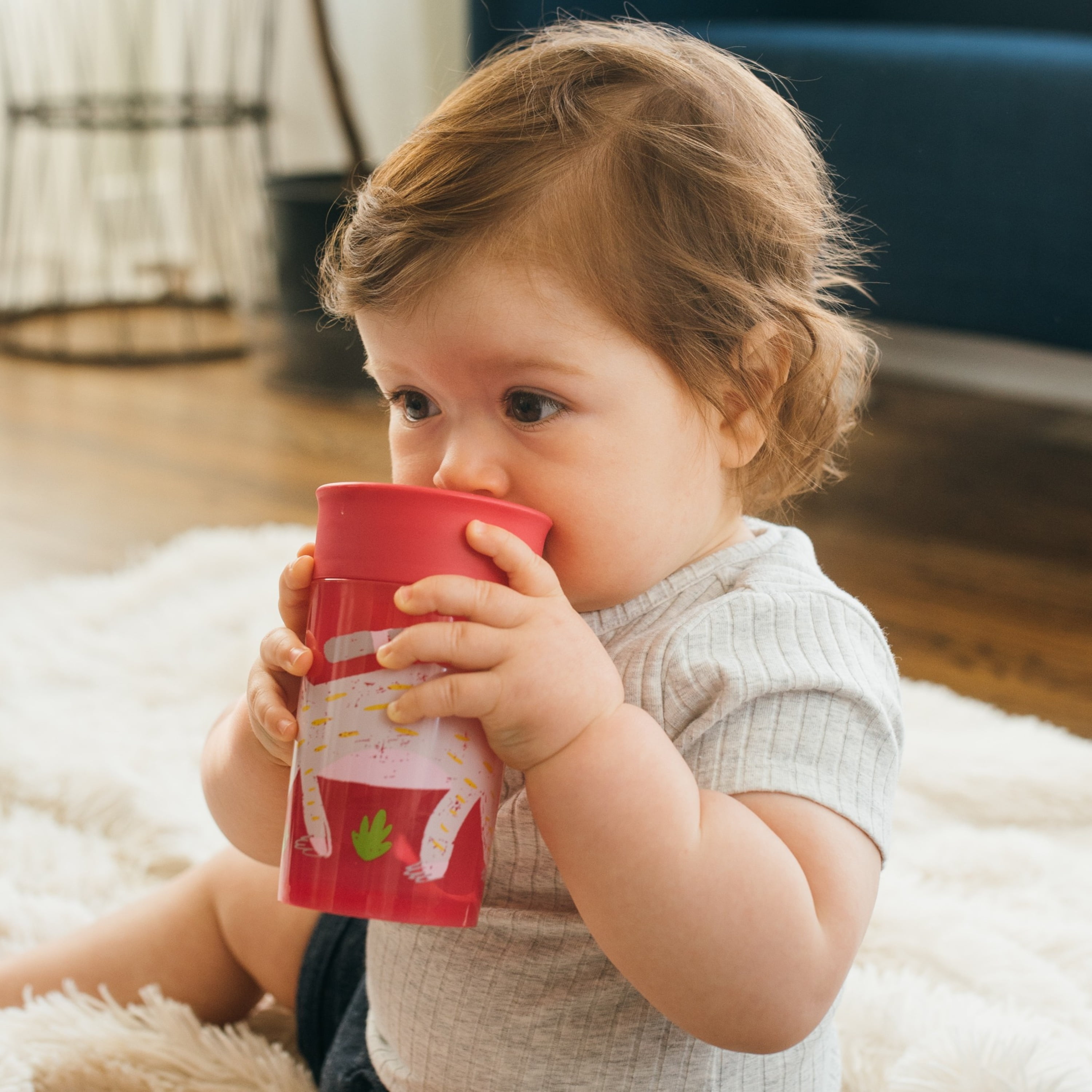 Dr. Brown’s Milestones Cheers 360 Cup Spoutless Transition Cup, Travel Friendly & Leak-Free Sippy Cup, Pink Leopard – Red Lemur, 10 oz/300 mL, 9m+