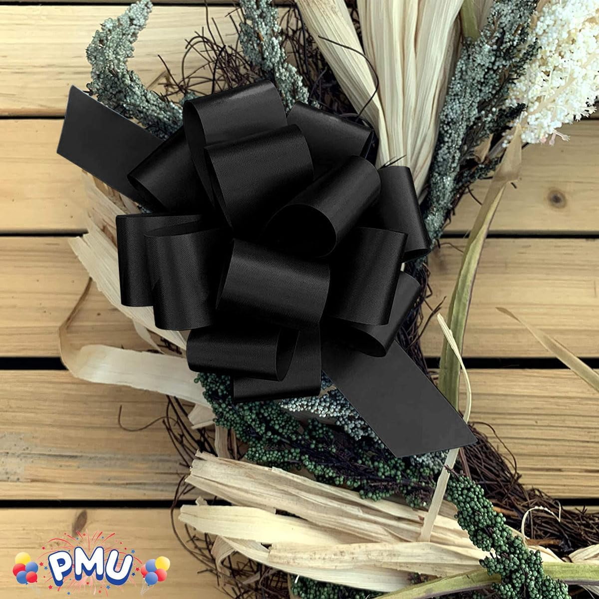 PMU Pull String Bows - Gift Bows for Wedding, Birthdays & Anniversaries - Ribbon Bows for Flowers & Basket Decoration - Large Bow for Gift Wrapping - 5 Inch 20 Loops Black - (1/pkg)Pkg/1
