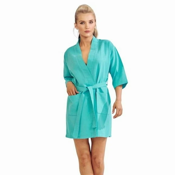 Womens Short Cotton Blend Waffle Kimono Turquoise Bathrobe - Small & Medium
