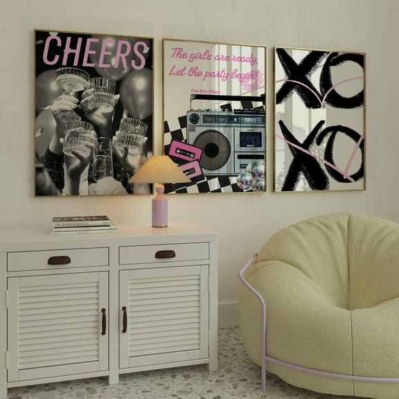 Luvia Set Of 3 Pink Cheers Xoxo Black And Pink Radio Poster Trendy Gallery Preppy Chic Luxury Home Decor Girly, Modern Wall Decor Set 3 Prints 8x12 UNFRAMED