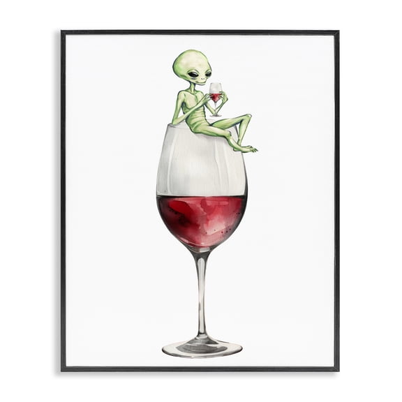 Stupell Industries Alien Perched on Wine Glass Food & Beverage Painting Black Framed Art Print Wall Art, 11 x 14