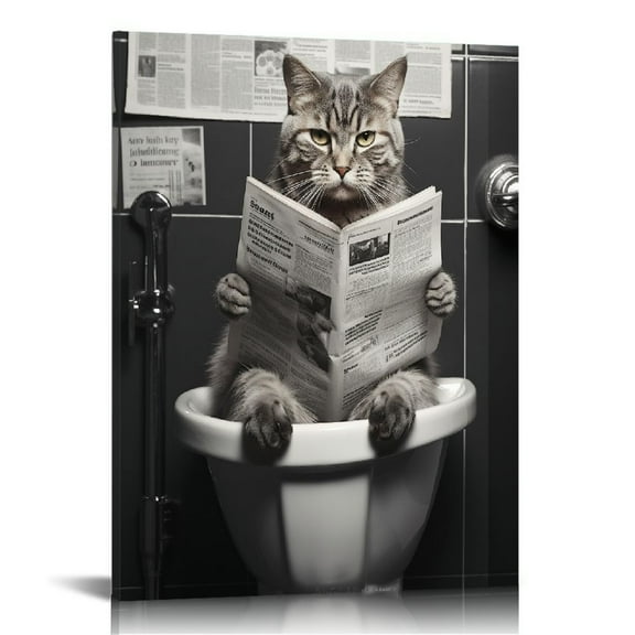 ARISTURING Funny Cat Canvas Wall Art Black and White Picture Prints Modern Bathroom Wall Decor Cat Sitting in Toilet Reading Newspaper Painting for Bathroom Toilet Washroom Animals Artwork 12x16 in