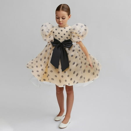 

Dyfzdhu Girls Dress Toddler Kids Girls Print Bubble Sleeve Tulle Patchwork Party Princess Dress Clothes 2-8Y