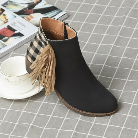 

Women s Shoes Casual Fashion Fringe Plaid Fringed Splicing Retro Frosted Suede Mid Heel Ankle Boots