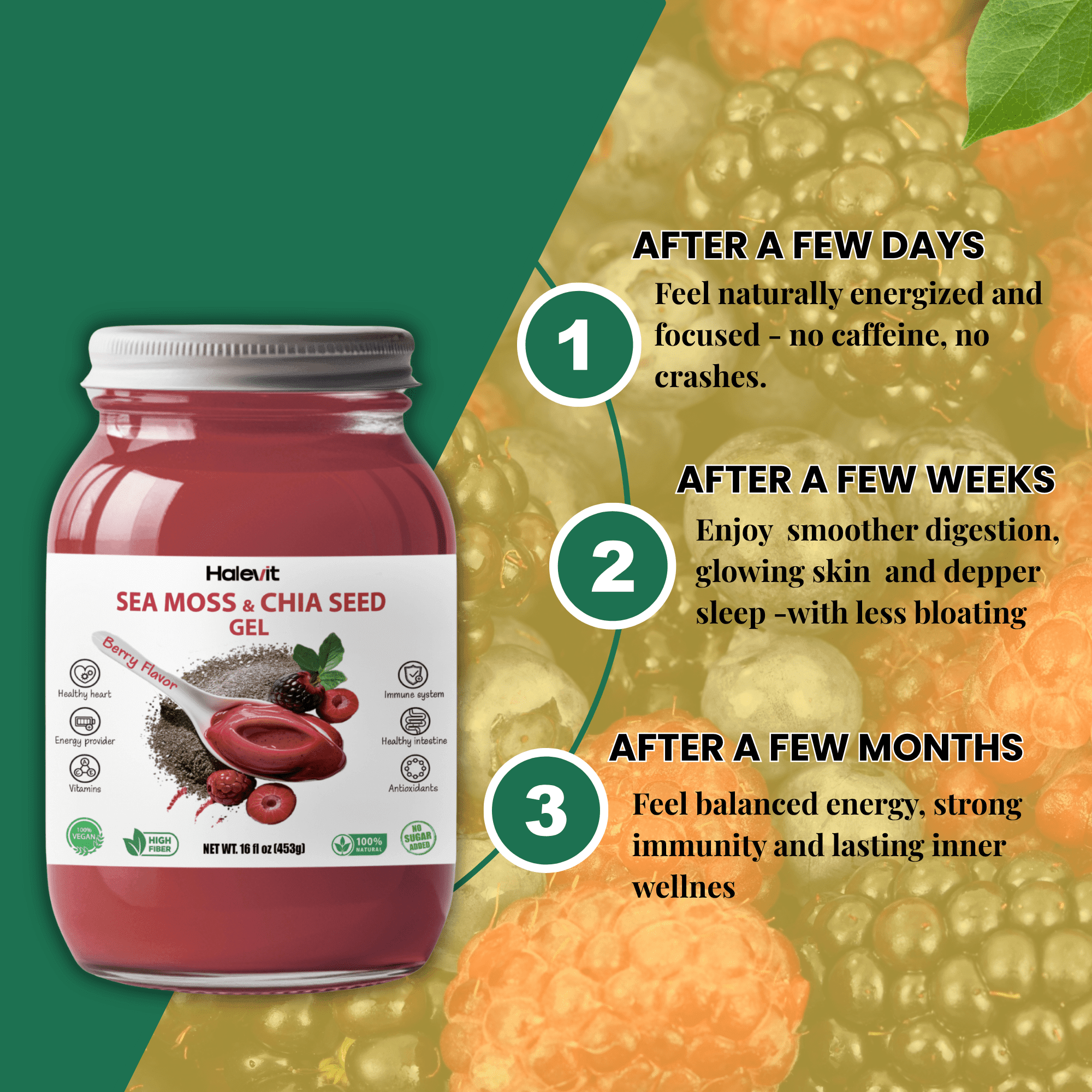 Halevit Wildcrafted Irish Sea Moss Gel, Raw Sea Moss Supplement with Chia Seeds, 48 Oz, Berry Flavor 3
