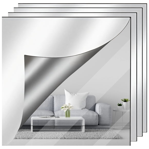 4 PCS Silver Mirror Acrylic Sheets, Self-Adhesive Mirror Sheets, 11.8 x 11.8 x 1/8 Inches Flexible Acrylic Mirror Panels, Safety Reflective Mirrors for Bathroom, DIY Home Office Wall Decoration