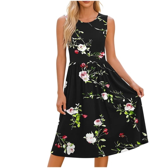 QIYAGBSA Soft Print Dresses for Women Sleeveless Round Neck A Line Pocket Floral Midi Summer Casual