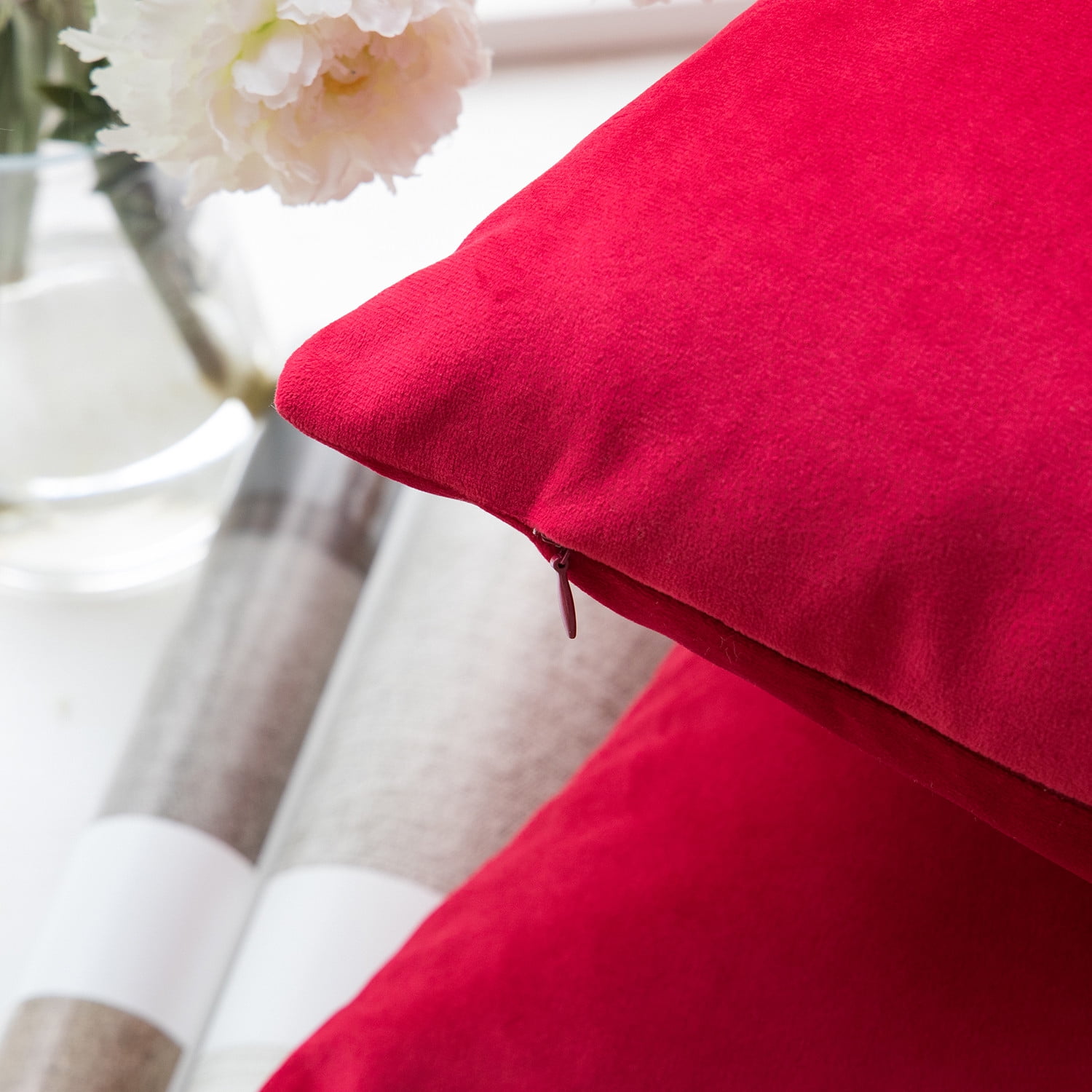 Phantoscope Soft Silky Velvet Series Square Decorative Throw Pillow Cusion for Couch, 18" x 18", Wine Red, 2 Pack