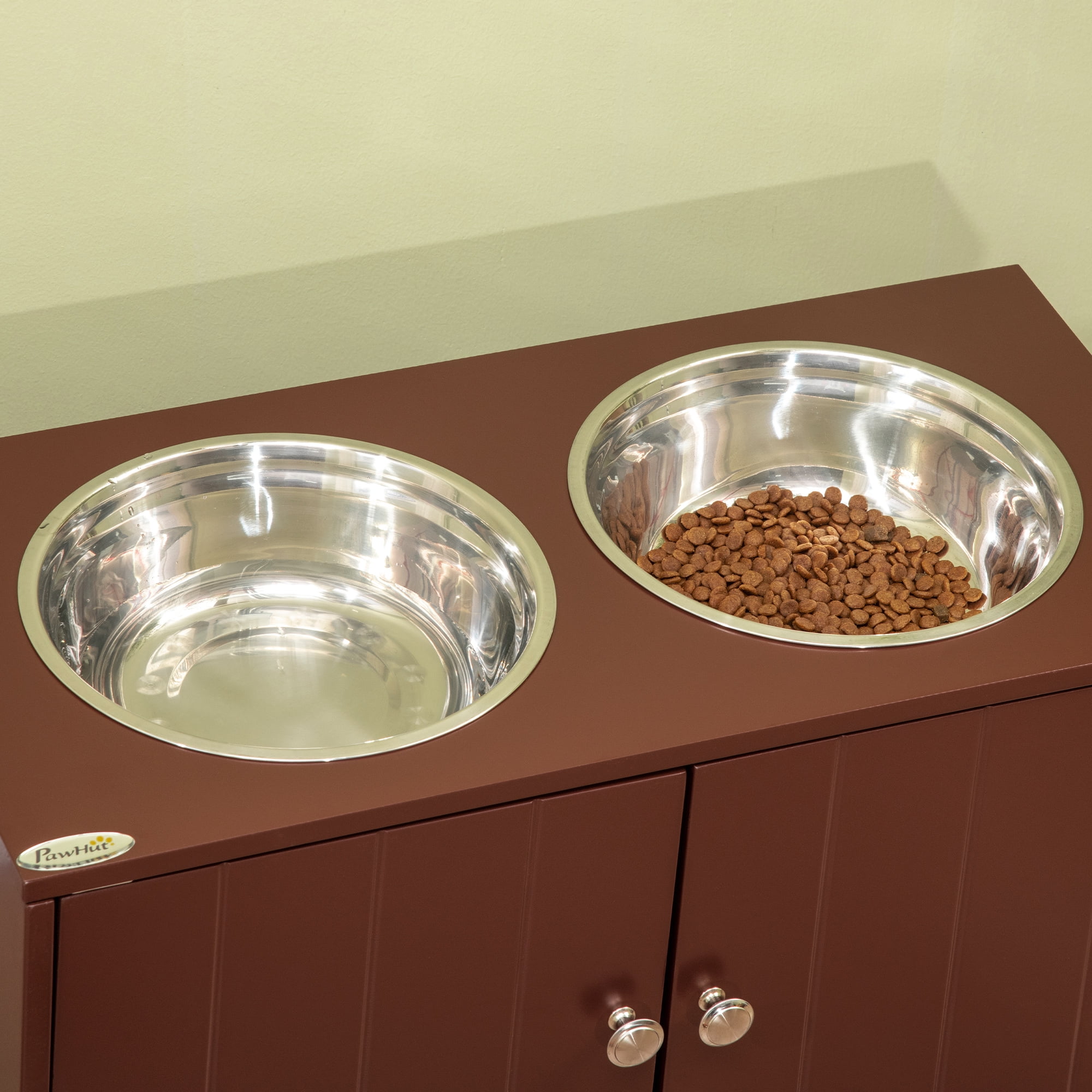 Large Elevated Dog Bowls with Storage Cabinet Containing Large 44L Capacity, Raised Dog Bowl Stand Pet Food Bowl Dog Feeding Station, Brown