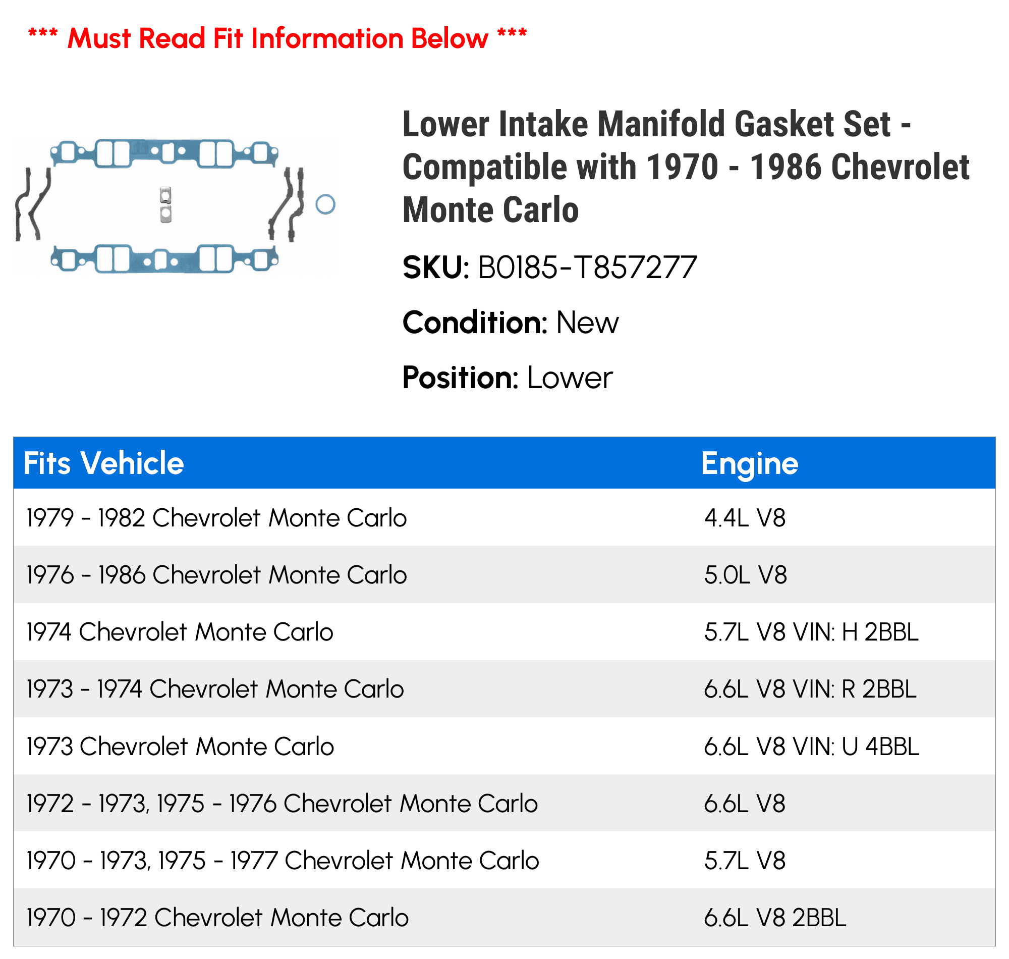 Lower Intake Manifold Gasket Set - Compatible with 1970 - 1986 Chevy Monte Carlo 1971 1972 1973 1974 1975 1976 1977 1978 1979 1980 1981 1982 1983 1984 1985