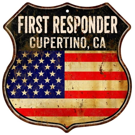 CUPERTINO, CA First Responder American Flag 12x12 Metal Shield Sign