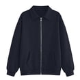 thumbnail image 6 of Full Zip Up Sweatshirt Women No Hood - Oversized Loose Casual Long Sleeve Collared Jacket 2026 Fall Winter Clothes, Dark Blue, M, 6 of 6