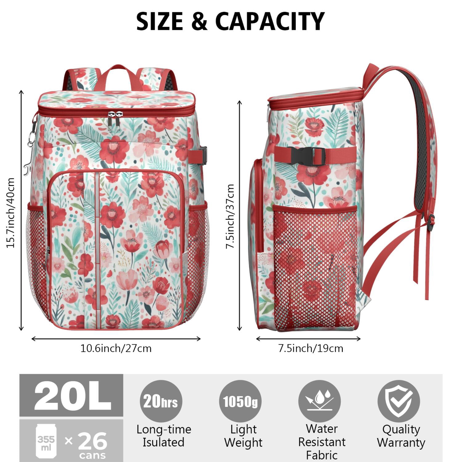 Travel Cooler Bag - Pioneer Flower Camping Beer Cooler Backpack with Bottle Opener- Waterproof Insulated Picnic Backpacks - Cooler Bag for Beach