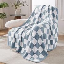 Exclusivo Mezcla Checkered Knit Throw Blanket, Ultra Soft Cozy Fluffy Checkerboard Blankets, Lightweight Fuzzy Plush Throw for Couch and Bed, Stone Blue, 50"x60"