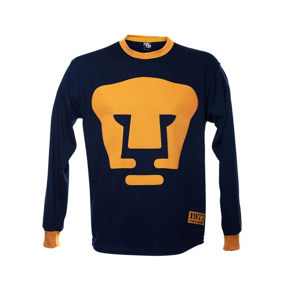 Jersey Pumas UNAM OLD SCHOOL SPORTS Retro 1977 azul/dorado manga larga 100% algodón