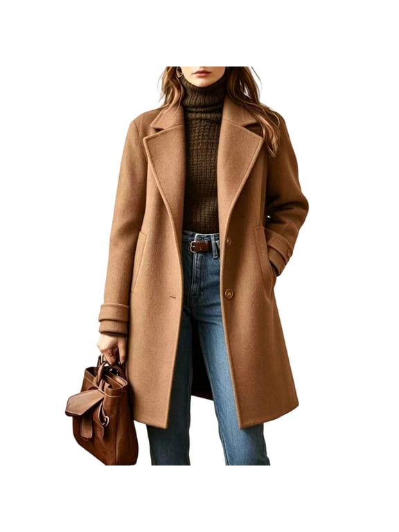 Women's Long Notch Lapel Coat Single Breasted Slim Fit Overcoat
