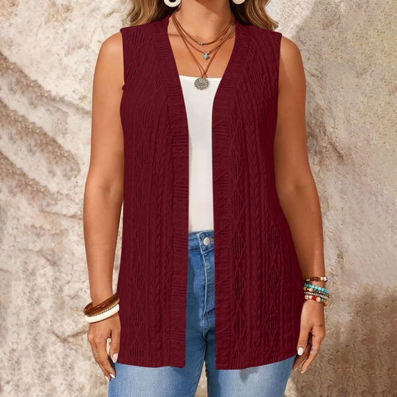 Hueook Fall Cardigan Vests for Women Cardigan Lightweight Knitted Summer Casual Sleeveless Cardigan Jacket Wine S