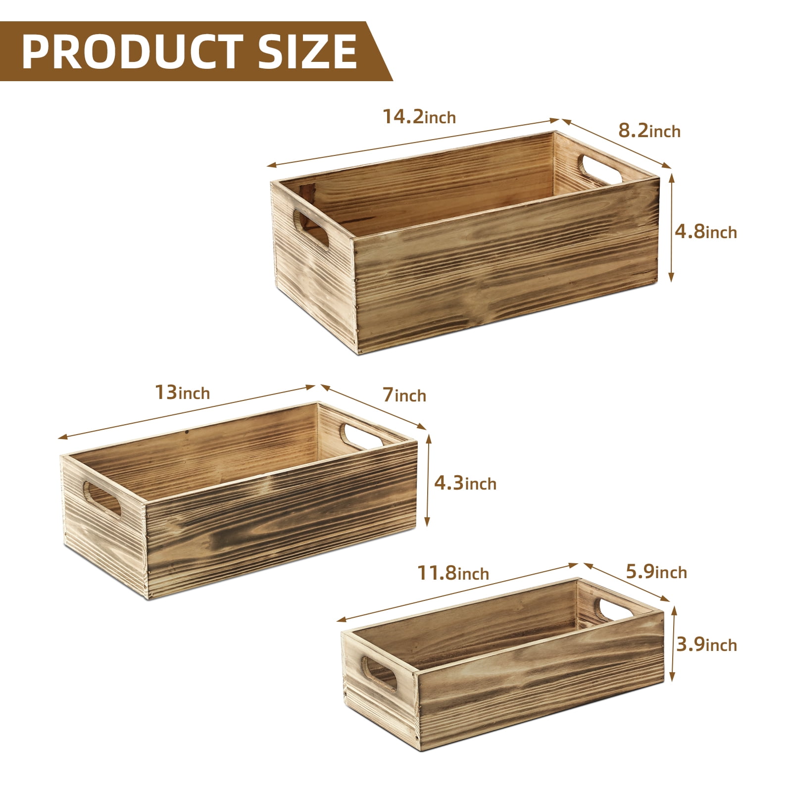 MODE HOME Wooden Storage Crates, Set of 3 Nesting Wood Boxes for Display and Organizing, Farmhouse Decorative Storage Bins for Crafts, Pantry & Living Room