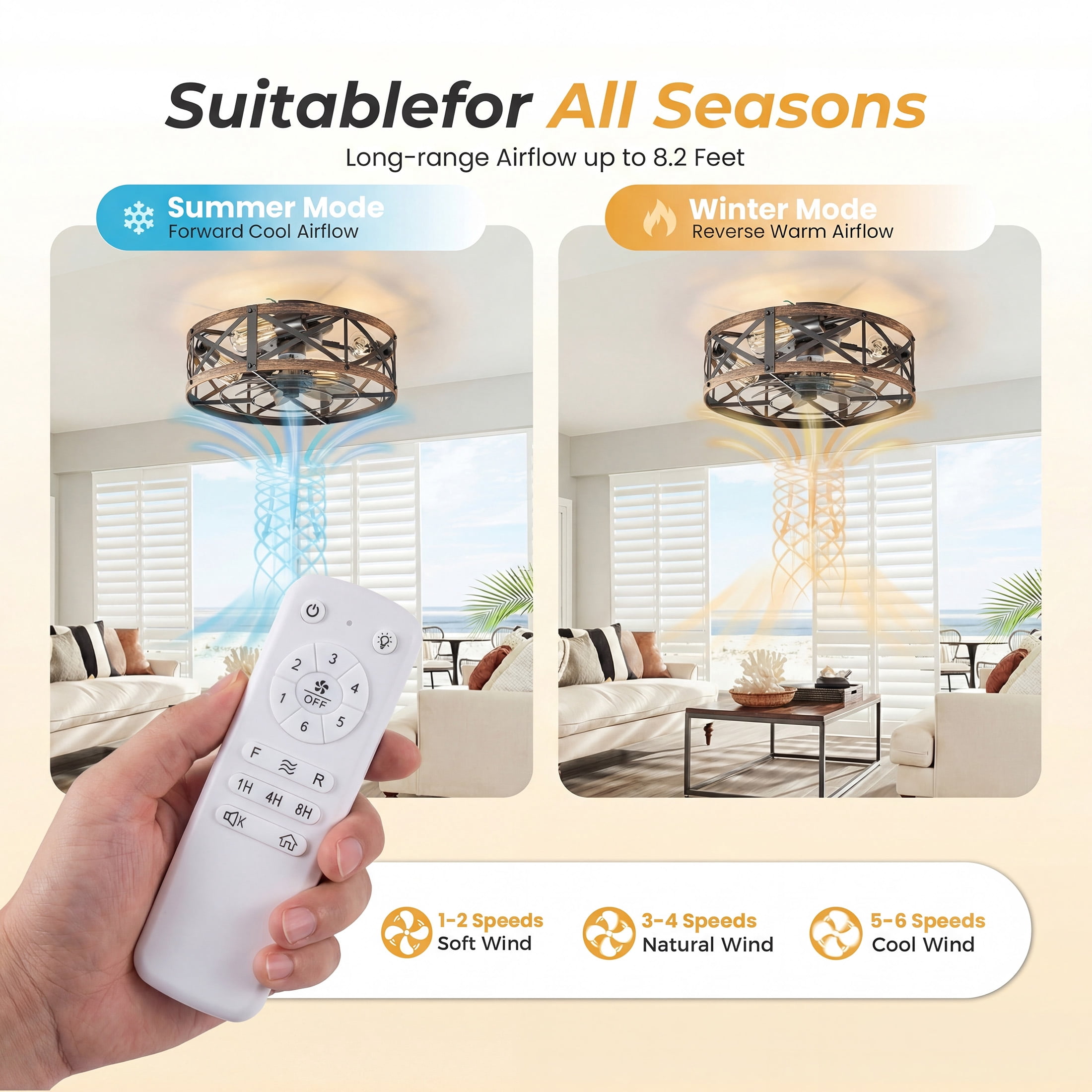 edx 19" Farmhouse Flush Mount Ceiling Fan with Light & Remote, Reversible Blades, Bladeless Safety Cage, 6 Speeds, 8H Timer, Rustic Low Profile Ceiling Fan for Bedroom Kitchen Living Room, Gold