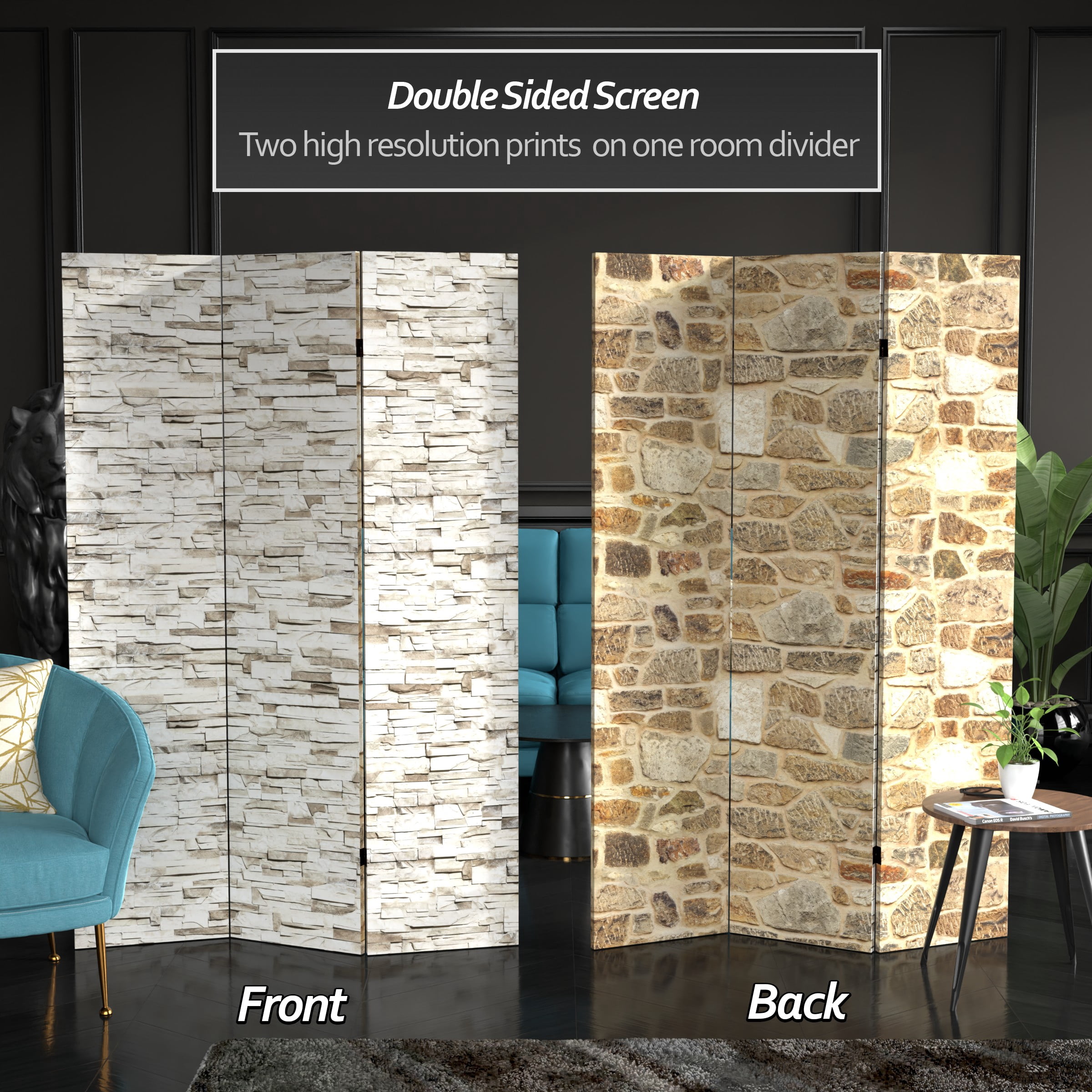 Oriental Furniture 6 ft. Tall Stone Wall Canvas Room Divider - 3 Panel