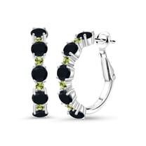 Gem Stone King 925 Sterling Silver Black Onyx and Green Peridot Hoop Earrings for Women (2.60 Cttw, Round 4MM and 1.9MM, Gemstone Birthstone 1 inch Diameter)