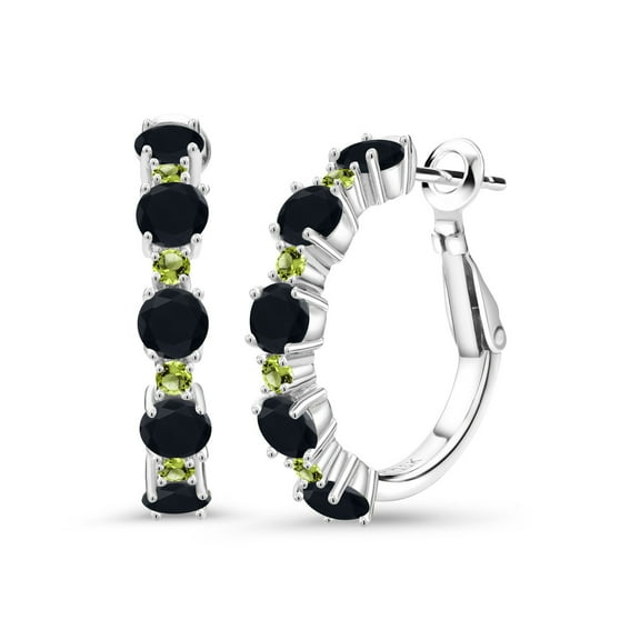 Gem Stone King 925 Sterling Silver Black Onyx and Green Peridot Hoop Earrings for Women (2.60 Cttw, Round 4MM and 1.9MM, Gemstone Birthstone 1 inch Diameter)