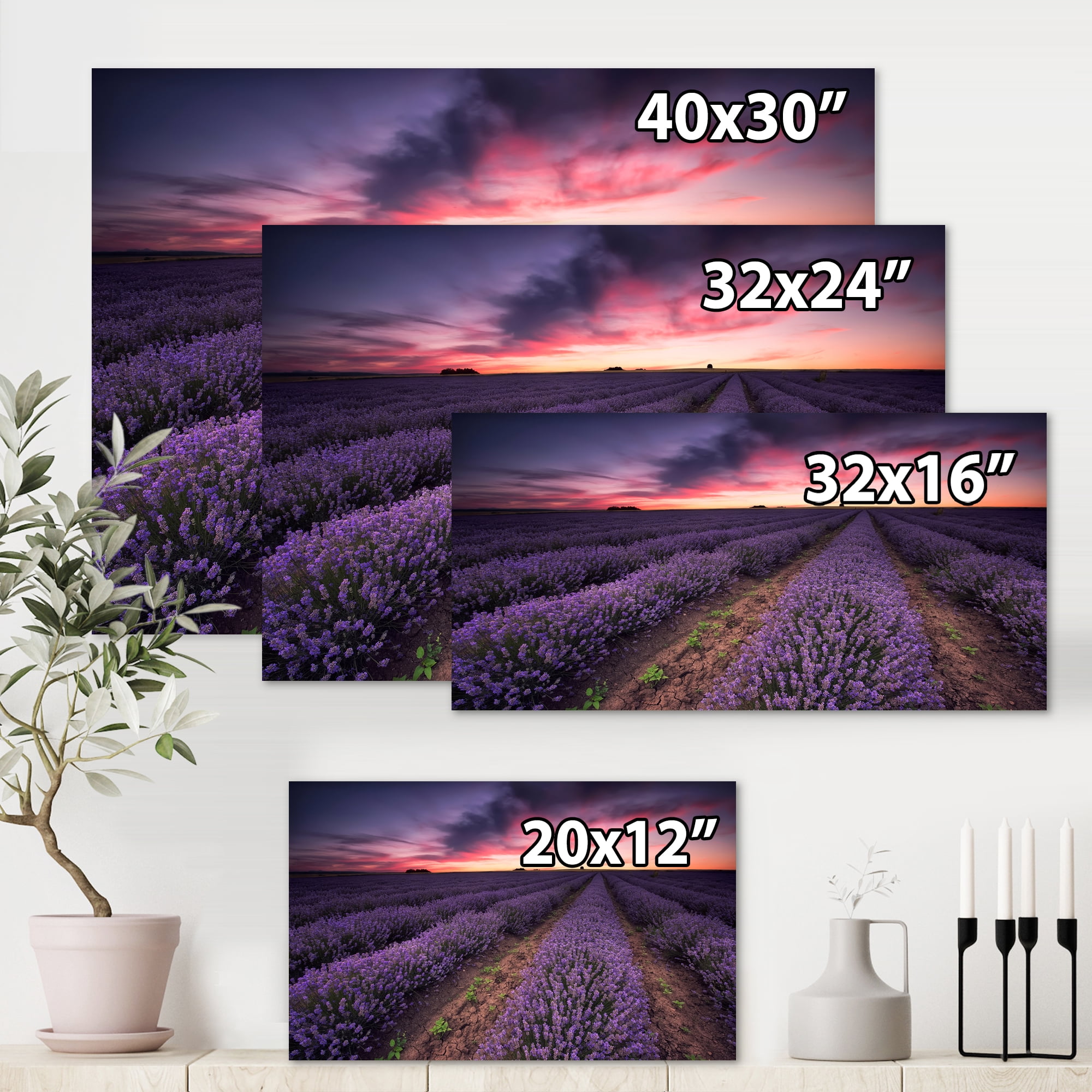 Designart ' Dramatic Clouds and Sunrise Over Lavender Field IX ' Farmhouse Canvas Wall Art Print