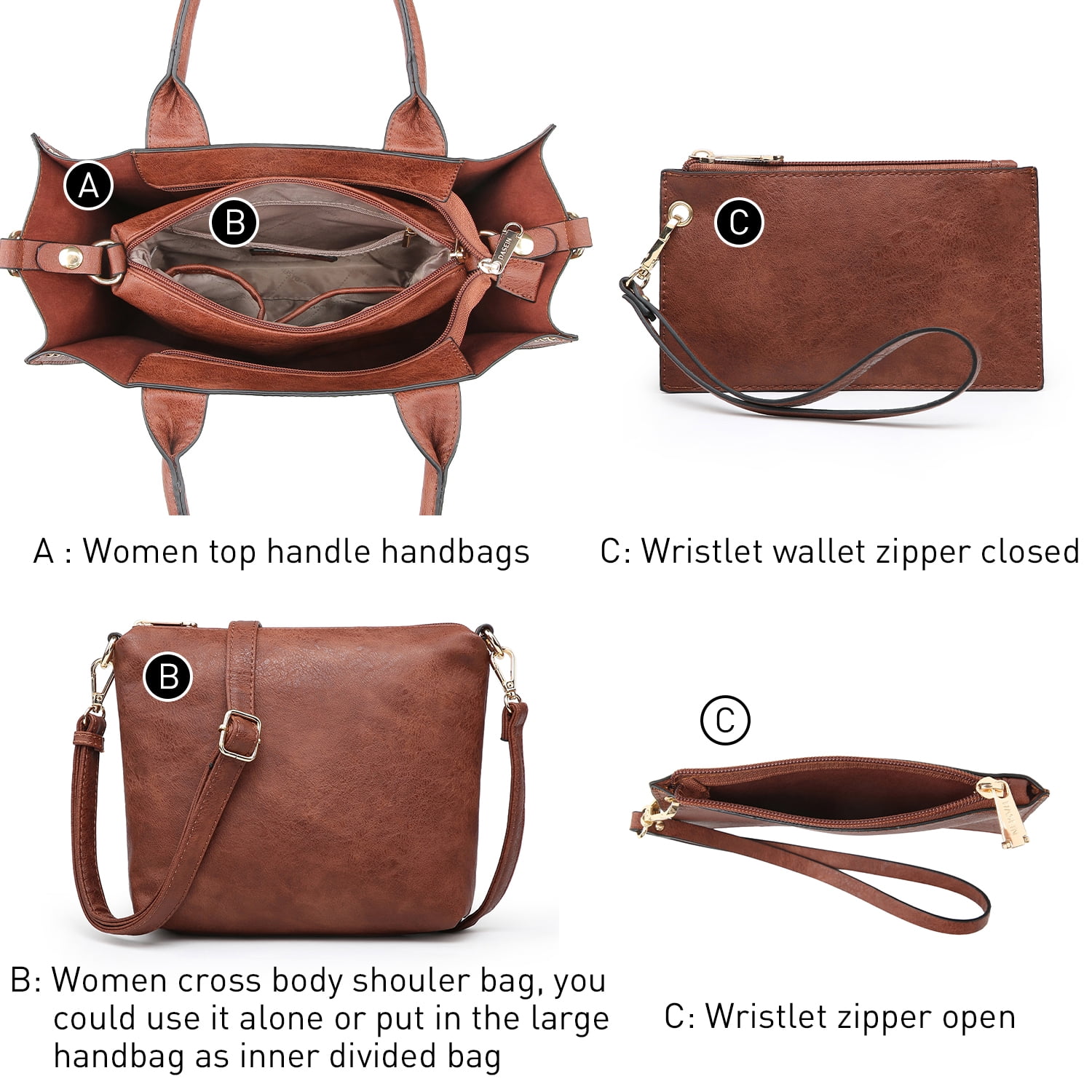 Women's 3Pcs Purse Handbag Shoulder Bag Tote Satchel Hobo Bag Briefcase Work Bag for Ladies