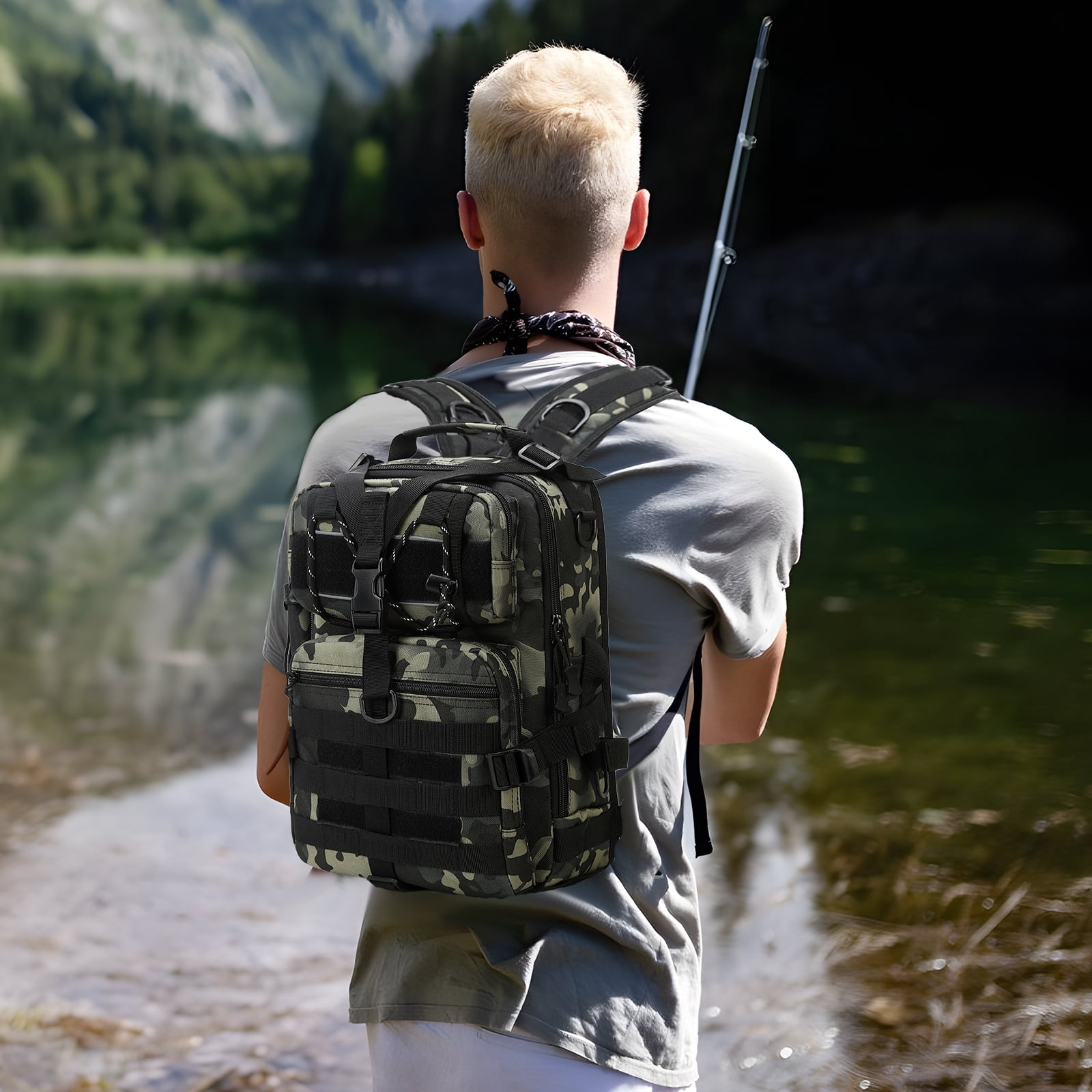 YTAKY 45L Fishing Bag, Fishing Backpack with Rod Holder, Waterproof, Fishing Tackle bags, Breathable Shoulder Sling Fishing Gear Bag Green