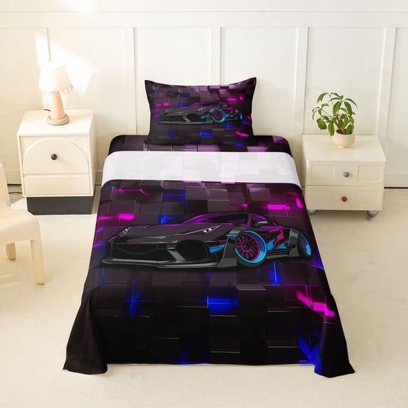 Manfei Race Car Twin Sheets,Classic Geometric Plaid Bedding,Purple,3-Piece,1 Fitted Sheet and 1 Pillowcase