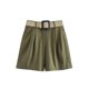 thumbnail image 2 of HH TRAF Pantalones cortos de lino elegantes de cintura alta con cinturón para mujer, ropa de verano, estilo retro, color verde militar, 2 of 5