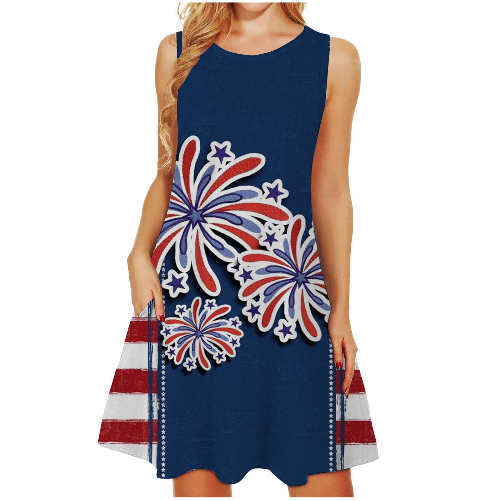 ORT Summer Dresses for Women Beach Floral Print Sun Dress Sleeveless Casual Loose Tank Dress American Flag Patriotic Dress 