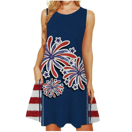 

Hvyesh Womens Sundresses 2023 Summer Patriotic Midi Dress Independence Day Pattern Crewneck Dresses Sleeveless Trendy Tunic Dress Blue