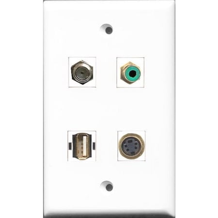 RiteAV 1 Port RCA Green and 1 Port Coax Cable TV- F-Type and 1 Port USB A-A and 1 Port S-Video Wall Plate