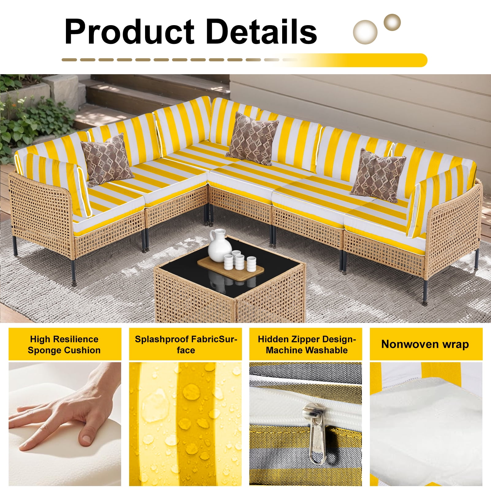 XXLYY Outdoor Replacement Cushions for Patio Furniture, 14 Piece Patio Sectional Cushions, 4" Water-Resistant Replacement Sofa Cushions Fits 6-seat Rattan Conversation Set