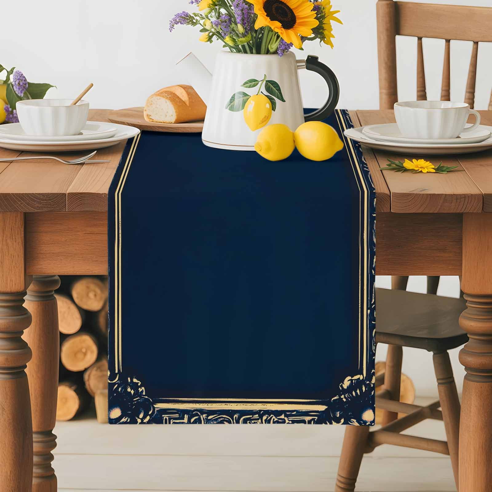 Retro Golden Flower Border Table Runner, Navy Blue Vintage Kitchen Table Runners Dress Scarves for Table Decorations Party/Restaurant/Indoor Outdoor Use, 13x120in