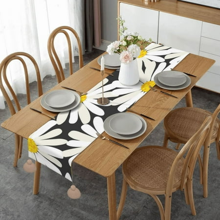 

Black White Daisy Table Runner Imitation Linen Table Runner With Khaki Tassels For Party And Dining Room 14 x 60