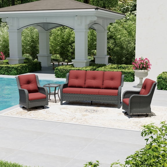 Joyside 4 Piece Wicker Patio Set with 3-Seat Sofa, 2 Swivel Rocking Chairs & Side Table, Outdoor Furniture Sectional Conversation Set for Deck Porch, Red