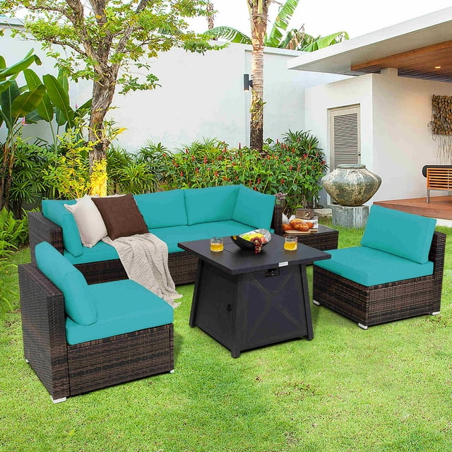 Costway 7PCS Patio Rattan Furniture Set Fire Pit Table Cover Cushion Turquoise