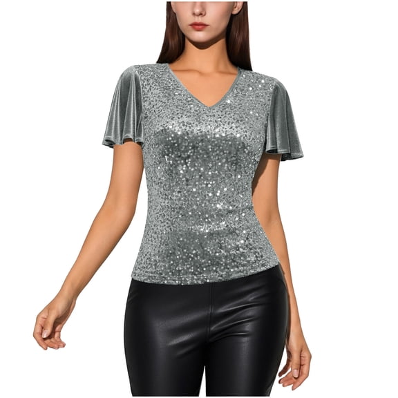TKLPEHG Womens Dressy Tops Slim Sequins Tops Casual Short Sleeve Top Loose Fit Comfy Regular V-Neck Solid Color Office (Gray,XL)